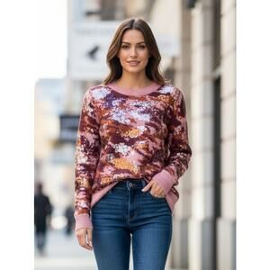 NWT ​DKNY Jeans Sequin Camo Knit Sweater Pink & Burgundy Abstract Size S